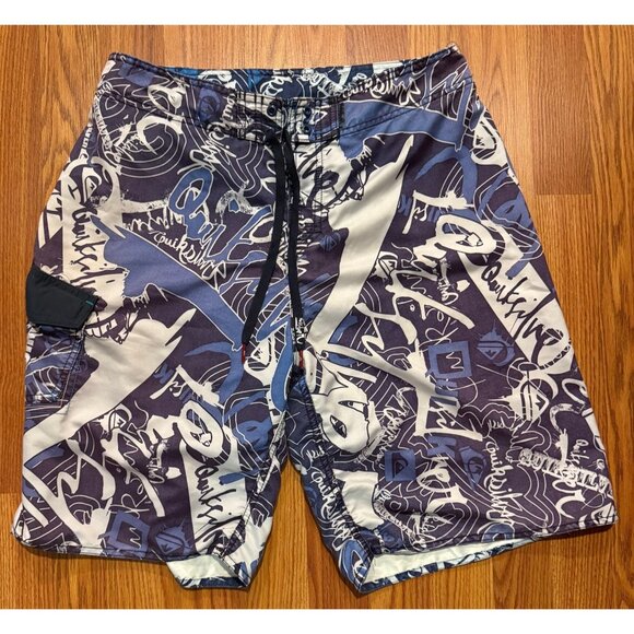 Vtg Quiksilver Board Short Mens 32 10" Swim Trunks Logo AOP Grunge - Picture 1 of 6